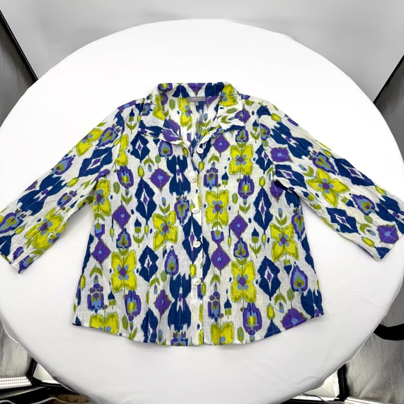 Habitat Retro Swing Shirt Ikat Garden Print‎ Size Med Blue Green Travel Boho - Picture 1 of 10